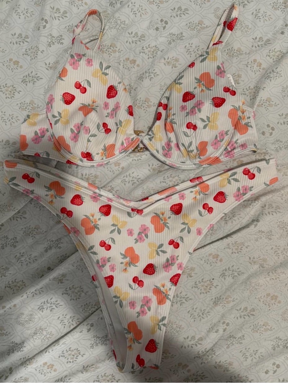 Hollister White Bikini Set with Red Strawberry & Orange Fruit Print